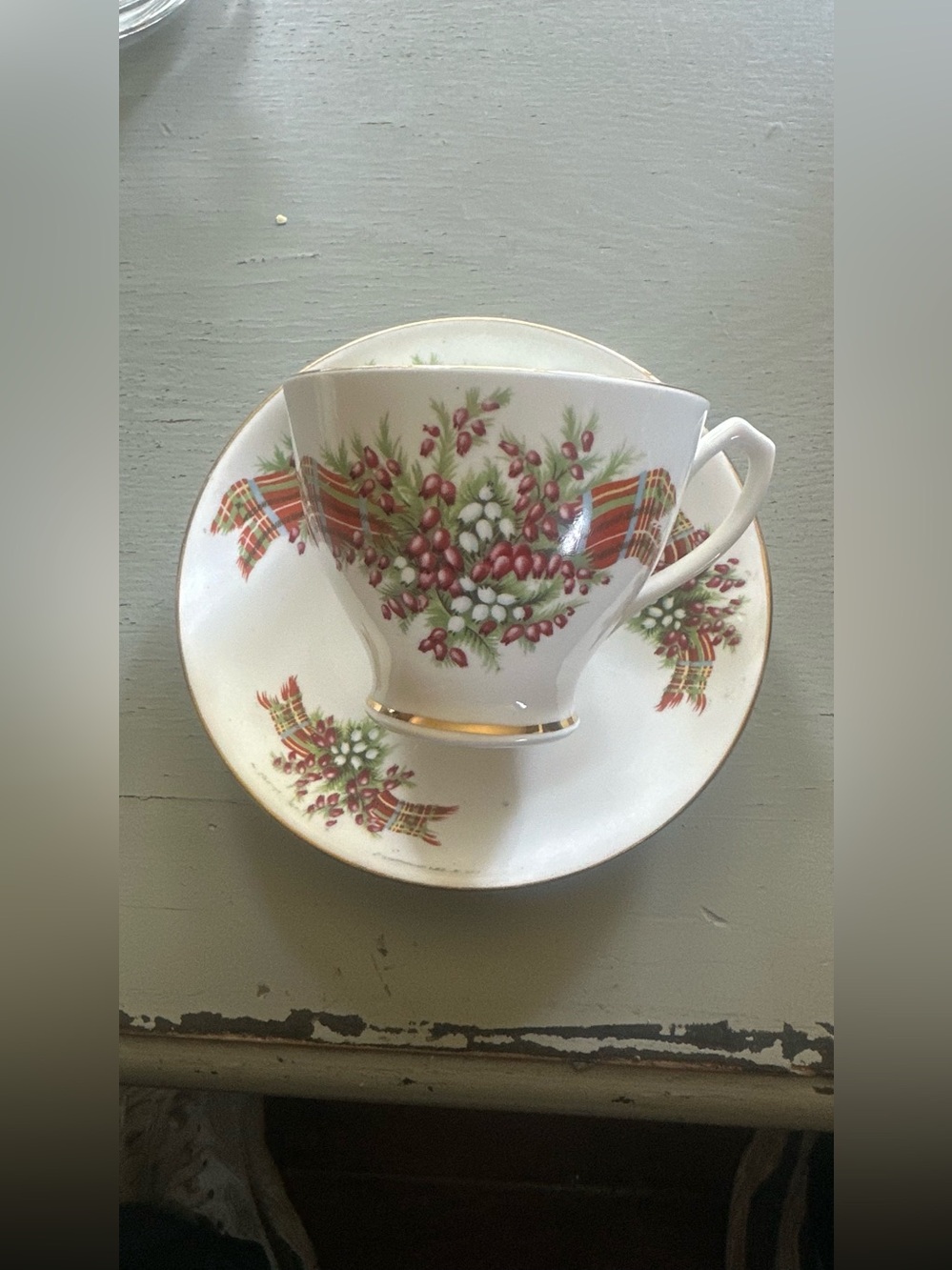 Windsor Scottish Tartan Plaid ribbon Flowers Berries English  China Cup & Saucer